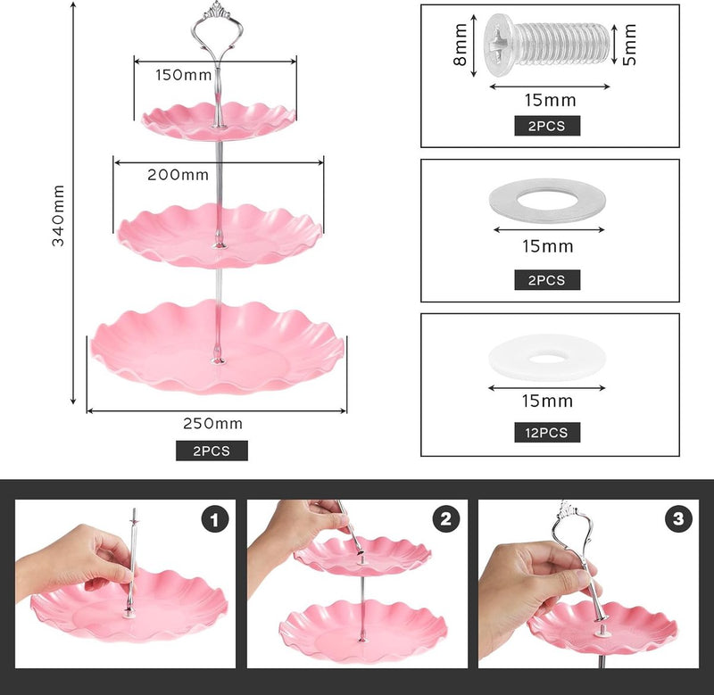 2 stuks 3 etages, cupcake-standaard, dessertstandaard, herbruikbare gebarenstandaard, taartstandaard voor bruiloft, verjaardag, theefeest, roze