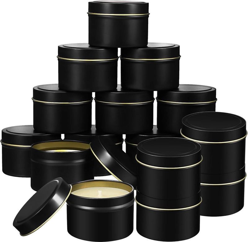 Lege kaarsenhouders, 24 stuks, zwart, kleine ronde metalen blikjes met deksel, blikjes, kerstdozen, geschenkdozen, metaal, theeblikjes, koekjesdoos, kaarsenmaken, blikjes