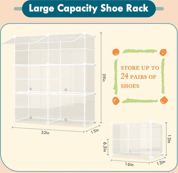 Schoenenrek, 6-laags kunststof schoenenrek met deur, voor 24 paar schoenen en laarzen, stapelbare schoenenkast voor hal, slaapkamer, kledingkast, entree