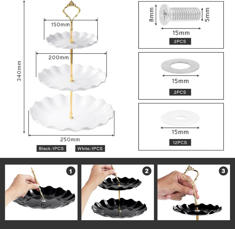 2 stuks 3 etages, cupcake-standaard, dessertstandaard, herbruikbare gebarenstandaard, taartstandaard voor bruiloft, verjaardag, theefeest (zwart en wit)