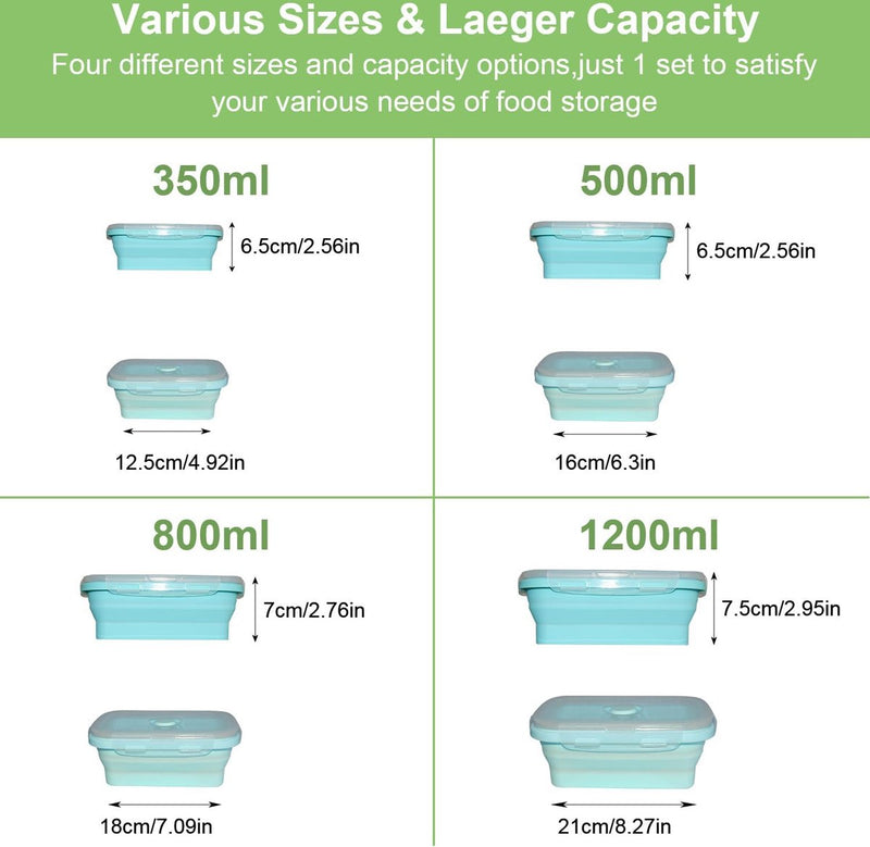 4 stuks opvouwbare siliconen vershouddozen met deksel, luchtdicht, draagbare bento box, plat, stapelbaar om ruimte te besparen, lunchbox, vouwkom voor koelkast, magnetron, vaatwasser