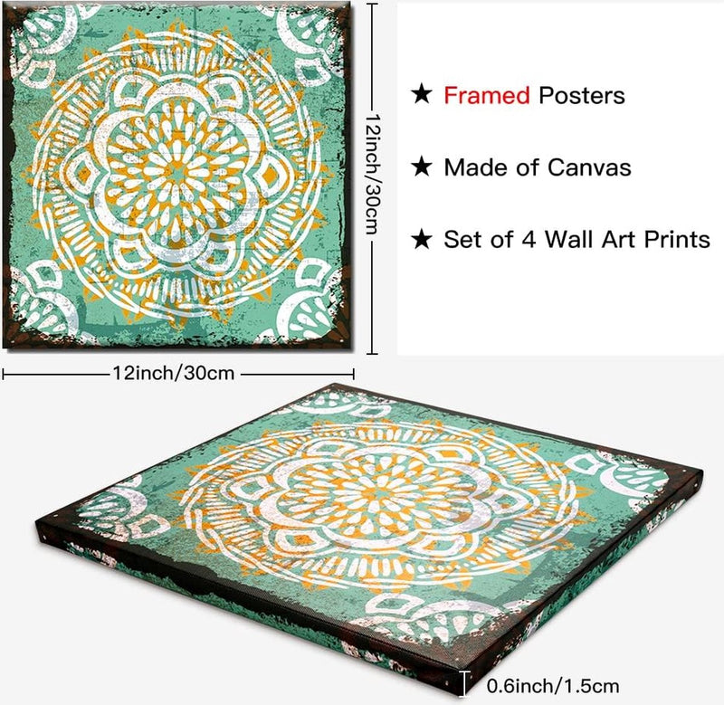 4-delige canvasafbeeldingen met houten lijst, canvasafbeeldingen 30 x 30 cm, moderne muurafbeeldingen, kunstdruk, wanddecoratie voor woonkamer, slaapkamer, huis, kantoor, eetkamer (Mandala)