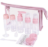 Lege reisflessen set kleine cosmetische container, navulbaar voor vliegtuigshampoo vloeistof draagbare vlucht handbagage accessoires met transparante toilettas, 12 stuks, roze