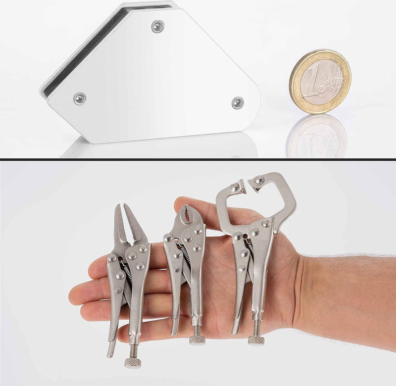 Mini multifunctionele lastoebehorenset 2x magnetische lashoek (45° 90° 135°), 1x magnetische massaklem, C-klem, grijptang, naaldtang - voor kleine soldeer- en laswerkzaamheden