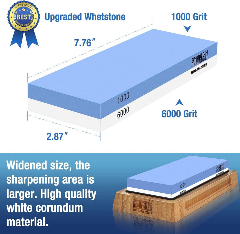 Slijpsteen mes [verbrede grootte], korrel 1000/6000 slijpsteen wetsteen professioneel 2-in-1 dubbelzijdig met aflijnsteen en hoekgeleiding, blauw/wit