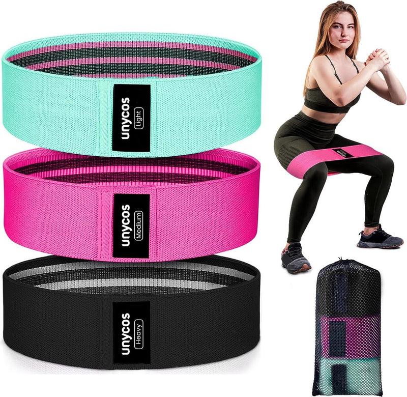 Set van 3 fitnessbanden 100% latex met opbergtas, 3 weerstandsniveaus licht/medium/zwaar, heupbandenset met weerstanden tussen 9-23 kg, lengte 80 mm (groen, paars en zwart)