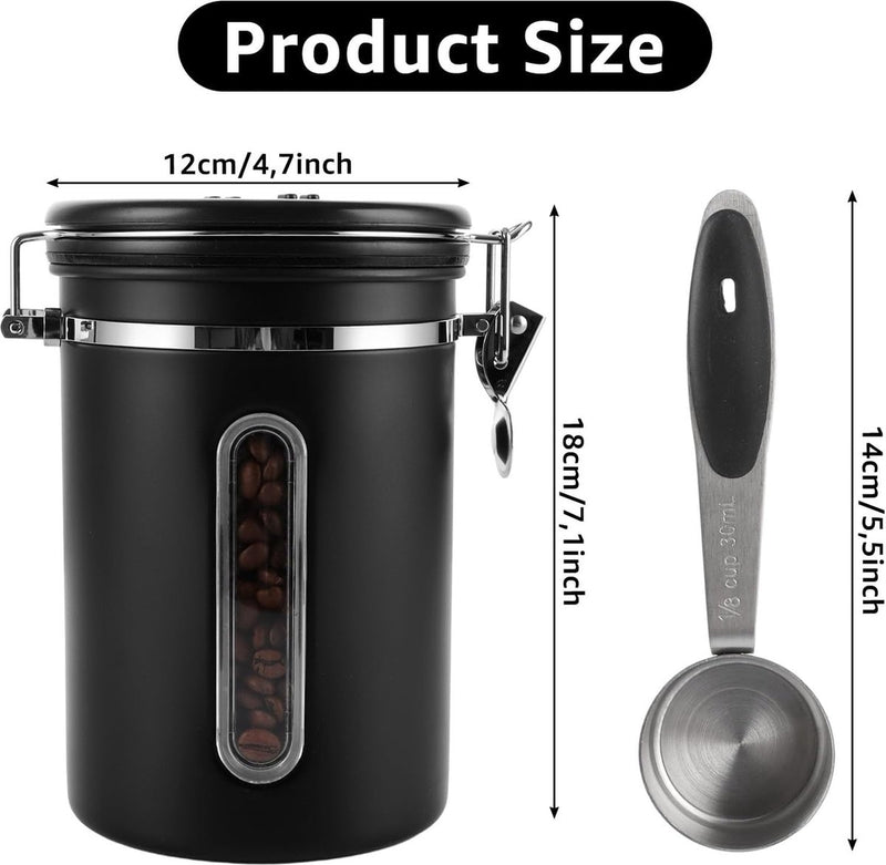 Koffiekan van 1,8 liter luchtdicht, zwarte koffiebonencontainer, koffiekan met roestvrijstalen lepel, koffiecontainer met datumregistratie voor koffiebonen, koffiepoeder, thee, cacao