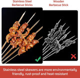 Barbecuespiesjes, roestvrij staal 40 cm, shish kebabspiesjes, roestvrij staal, platte vleesspiesjes, herbruikbaar, lange kebabspiesjes met houten handvat voor vlees, groenten, vleesspiesjes, barbecue