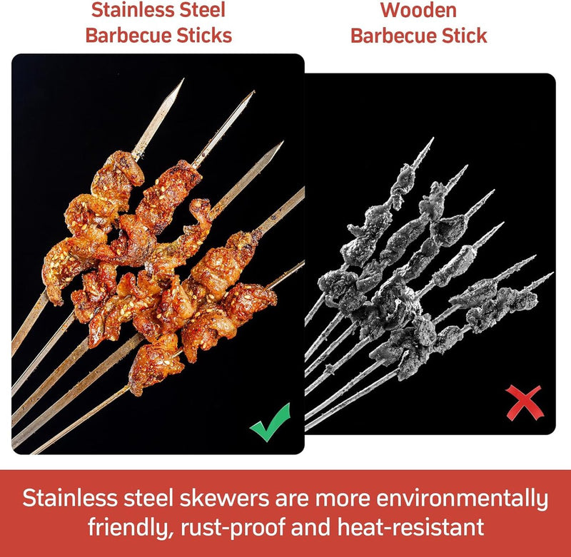 Barbecuespiesjes, roestvrij staal 40 cm, shish kebabspiesjes, roestvrij staal, platte vleesspiesjes, herbruikbaar, lange kebabspiesjes met houten handvat voor vlees, groenten, vleesspiesjes, barbecue