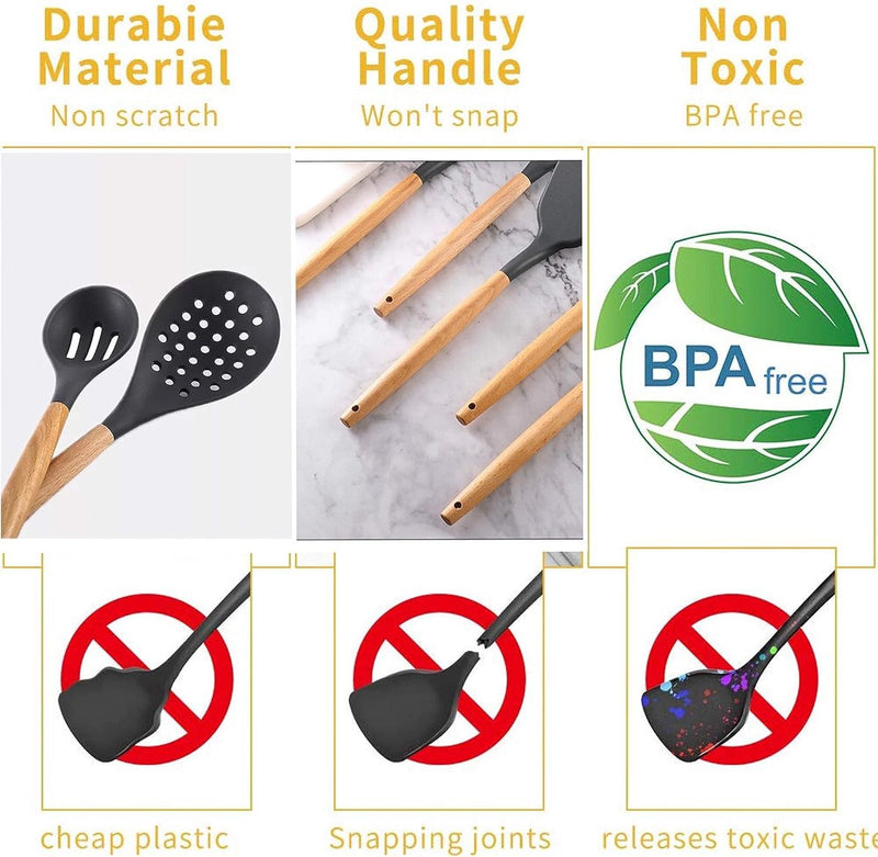 Siliconen keukengereiset, (25-delig) Keukengerei-pannenset, anti-aanbaklaag Hittebestendige siliconen spatelset, keukengerei Stukken veilig met houten handvat (grijs)