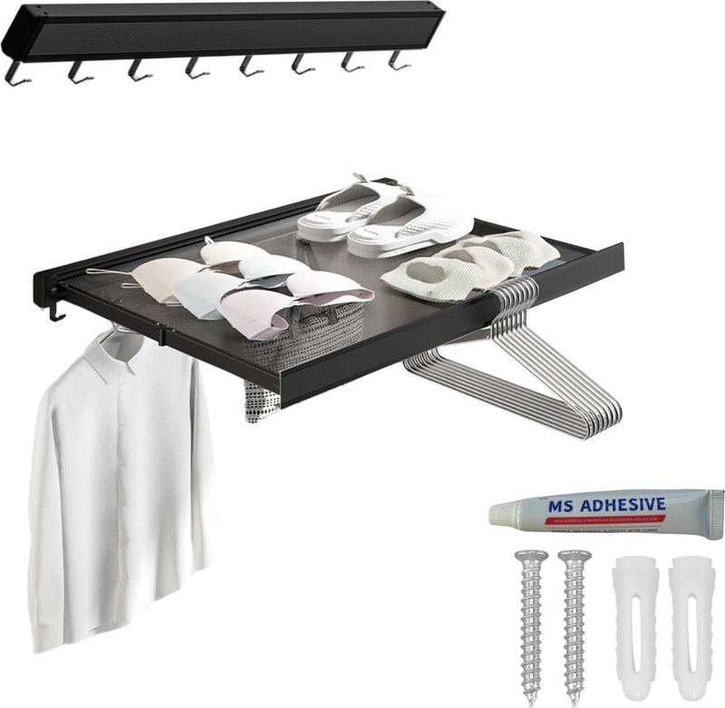 Wandgemonteerde waslijn, opvouwbare waslijn met intrekbaar droogrek voor terras, slaapkamer, keuken, compact aluminium. 60x4,7x2,2cm