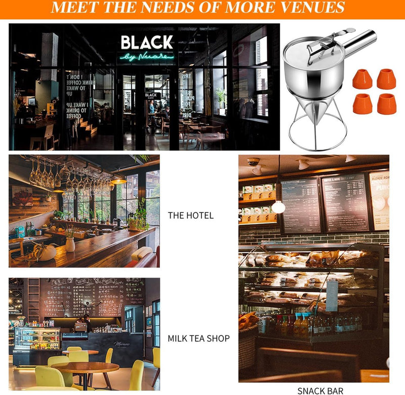 Pannenkoekendeegdispenser, 1,2 l, deegportioneerder, roestvrij staal, met deksel, roestvrijstalen trechter met standaard en 4 trechtermondingen, deeg-keukentrechter voor cake, pannenkoeken,