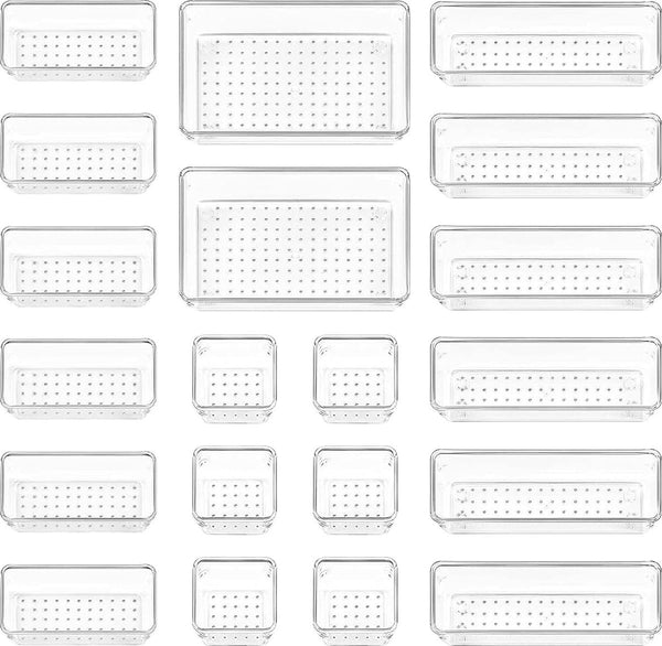 Set van 20 lade-organizers, 4 maten, apart organisatiesysteem, kunststof, antislip cosmetica-organizer, voor make-uplade, kaptafel, bureau, badkamer, keuken (helder)