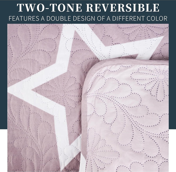 Boutis Spring/Summer Bedspread Two Tone Reversible Star Pattern + 2 Pillow Cases 50 x 70 cm Lightweight Thin Transitional Season Bedspread (Bed 150 cm, 240 x 260 cm)