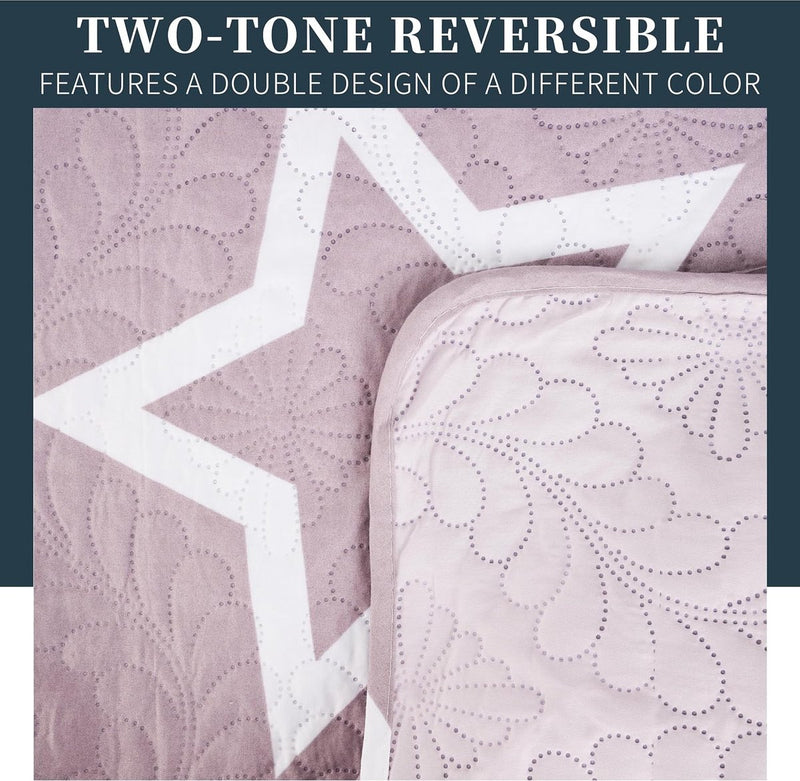 Boutis Spring/Summer Bedspread Two Tone Reversible Star Pattern + 2 Pillow Cases 50 x 70 cm Lightweight Thin Transitional Season Bedspread (Bed 150 cm, 240 x 260 cm)