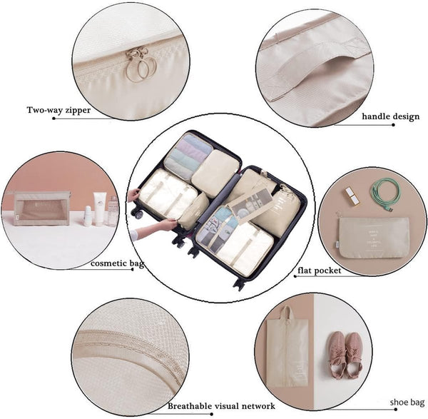 Kofferorganizerset, 8-delig, verpakkingskubussen, vakantie- en reis-hangmandset, beige