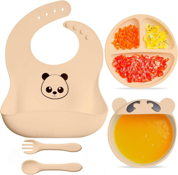 Babyservies - 100% siliconen - BPA-vrij - set van 5 kinderservies, kom + bord + slabbetje + vork + lepel - zeer stabiel (roze)...