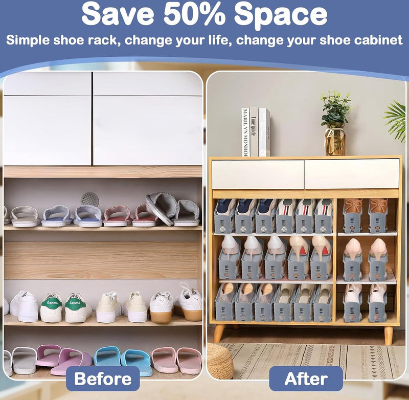 10 stuks verstelbare schoenenrekken, schoenenhouderset, 3 in hoogte verstelbaar, afneembaar, ruimtebesparend, antislip, kunststof (grijs)