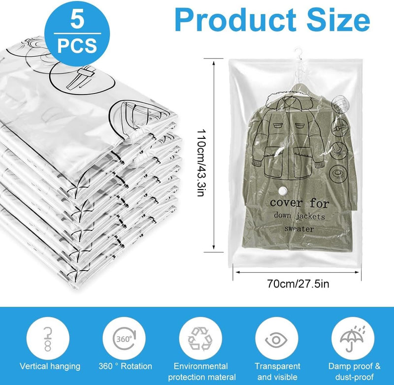 Vacuümzakken voor kleding, verpakking van 5 stuks, hangende vacuümzakken voor kleding (135 x 70 cm), vacuümzakken voor kleding voor pakken, jassen, jassen, vacuümkledingzakken met haken, ruimtebesparend