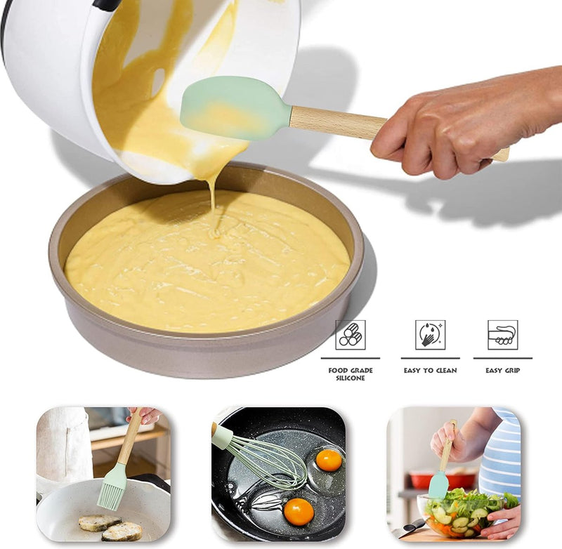 12" siliconen spatelset voor kookgerei met antiaanbaklaag, panpacific siliconen spatel hittebestendig met siliconen schraper/borstel/garde, siliconen bakgerei set 4-delig (mintgroen)