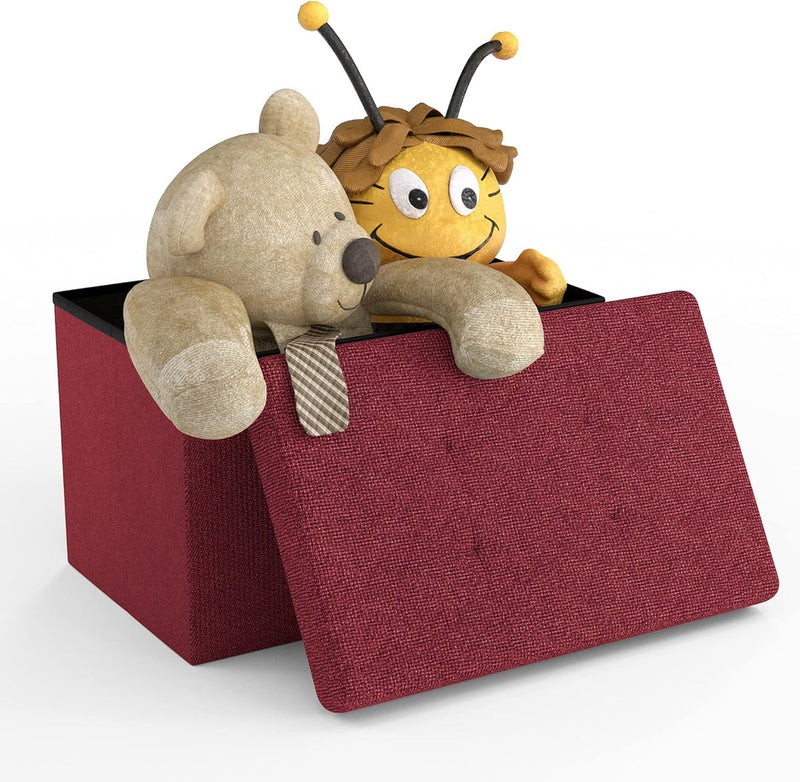 Opvouwbare zitbank, 49 x 30 x 30 cm, granaatrood, zitkubus met opbergruimte en deksel van stof met uitsparingen, zitkubus, voetensteun, opbergdoos, kist, zitkruk