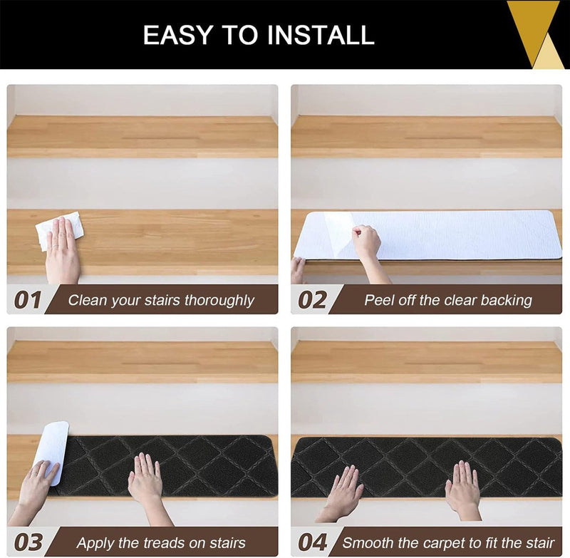 Set van 15 trapmatten, voor binnen, 76 x 20 cm, zwart, rechthoekig, trapmatten, zelfklevend, grijs, traptapijt, antislip, traptapijt voor kinderen, ouderen en honden