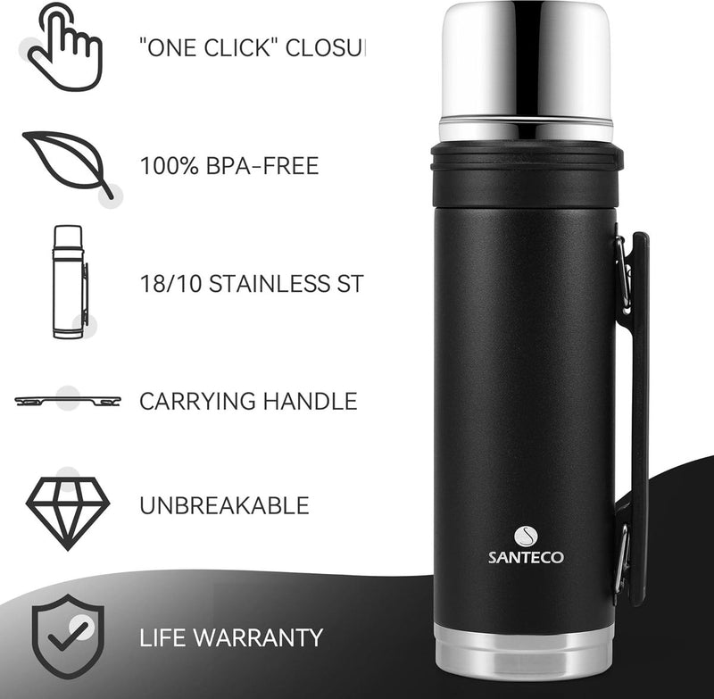 Thermoskan 1 liter, thermosfles met drinkbeker voor onderweg, thermosfles van roestvrij staal met handvat, lekvrij, voor koffie en thee, BPA-vrij, voor warm en koud