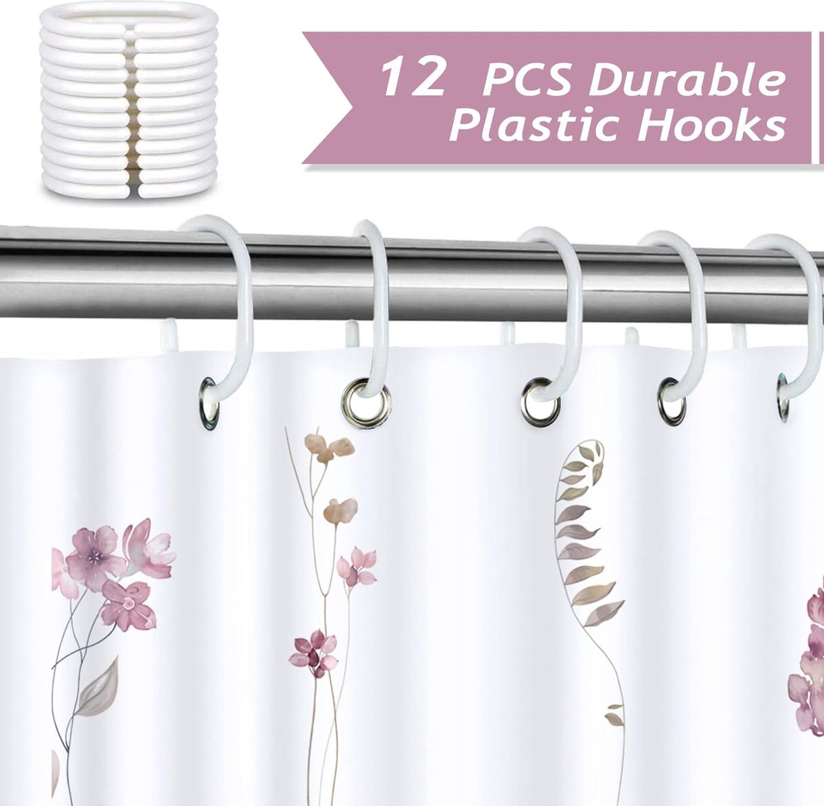 Douchegordijn met bloemenpatroon in wit en roze, lavendel, etherische gouden takken, zacht kleurverloop, polyester, douchegordijn voor badkamer, 150 x 180 cm Douchegordijn met bloemenpatroon in wit en roze, lavendel, etherische gouden takken, zacht kleurverloop, polyester, douchegordijn voor badkamer, 150 x 180 cm