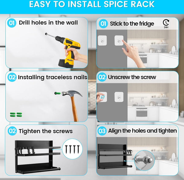 Keukenrek voor aan de muur, kruidenrek zonder boren, hangend kruidenrek met keukenrolhouder en 4 haken, zwart