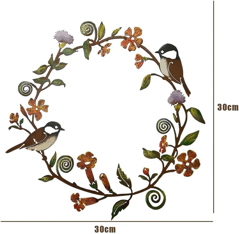 Decoratieve krans, deurkrans voor de zomer, met bladeren, bloemen en vogels, decoratie, metalen krans, deurkrans, deurkrans, deurkrans, 30 x 29 cm, roestkleurige krans voor huisdeur