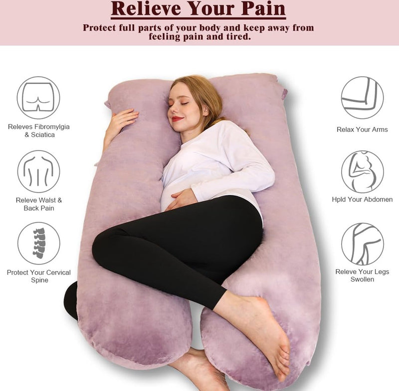 Zwangerschapskussen, U-vorm, zijslaapkussen met hoes, U-kussen, voedingskussen, groot steunkussen, kussen voor vrouwen en zijslapers (paars, fluweel)