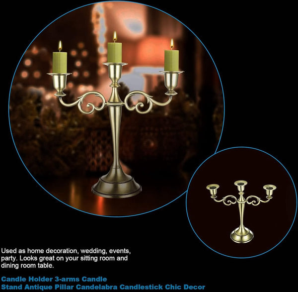 Kaarshouder 3 Armen Metalen Kandelaar voor Taps toelopende Kaarsen, Vintage Kandelaar Decoratieve Kaarshouder voor Bruiloft Kaarslicht Diner Feest Tafelbladen Woondecoratie (Brons)