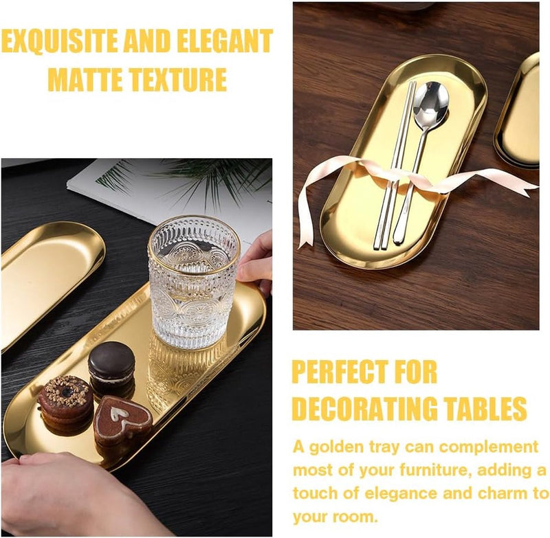 3 stuks roestvrijstalen decoratieve dienbladen, ovale gouden opbergbakjes, metaal, serveerborden, decoratieve borden, gouden ovale dessertkommen, ovaal, cosmetica-dienbladen voor thee, cake,