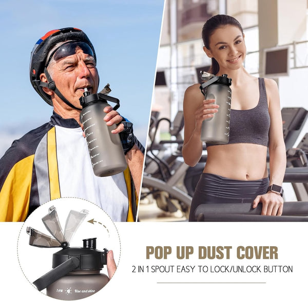 Drinkfles van 2 liter, BPA-vrije sportdrankkan met tijdmarkering en slotdeksel, 2000 ml, lekvrije motiverende waterfles met rietje, draagbaar handvat, roze drinkfles