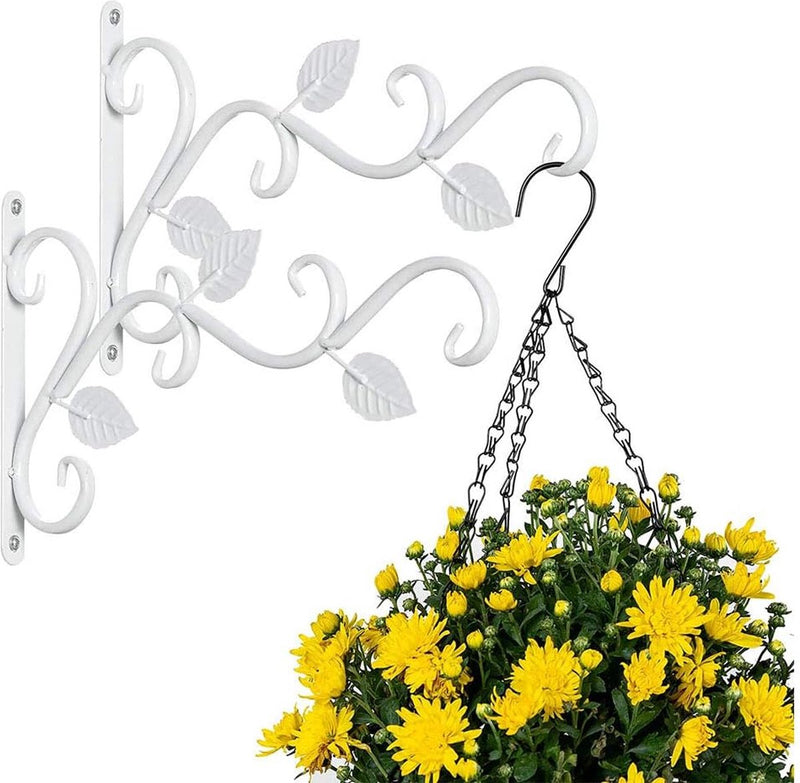 2 stuks houder voor bloemhouders, wandhouders hangmanden, lantaarn wandhouder uit, hangende ijzeren kunst buiten met bladpatroon hangende mand voor tuinvogelhuisjes, windspel (wit)