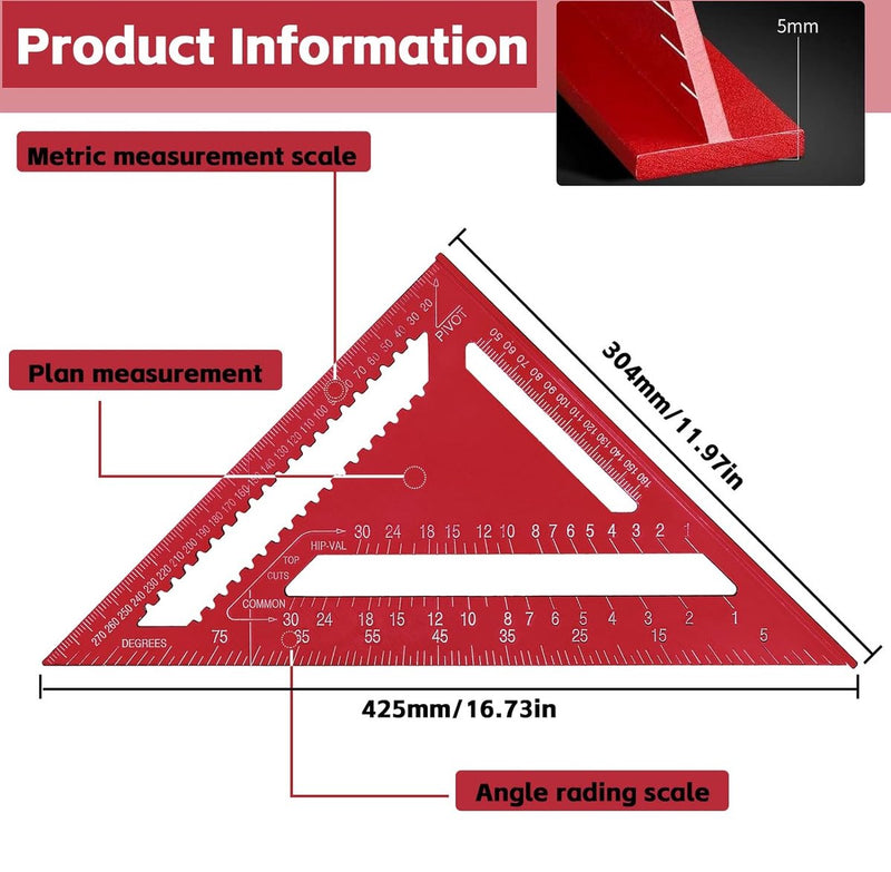 Timmermanshoek, aanslaghoek, metaal, 30 mm, timmerhoek, 90° kamerhoek, timmerhoek, metrische driehoekige liniaal voor timmerman, dakdekker, ingenieur (rood)