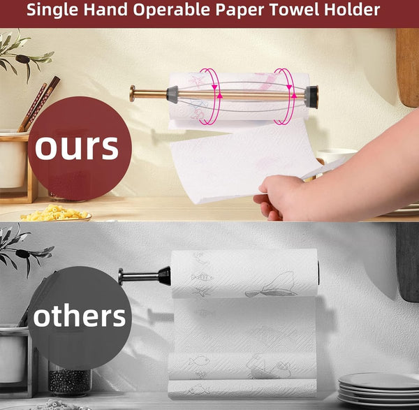 Keukenrolhouder zonder boren goud met dempende werking, eenhandsbediening kast RVS papierrolhouder wand zelfklevend en boorbaar voor keuken- en badkamer keukenrolhouder