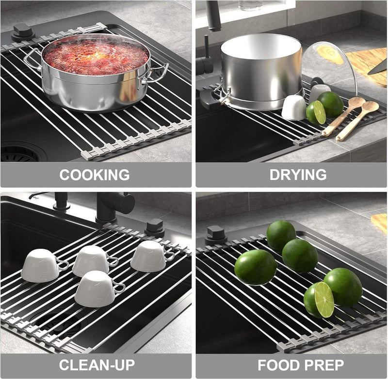 roestvrijstalen afdruiprek, opvouwbaar en afneembaar roestvrijstalen spoelbak, roldroogrek, roldroogrek, afvoergaasmand, 43 cm x 35 cm, grijs
