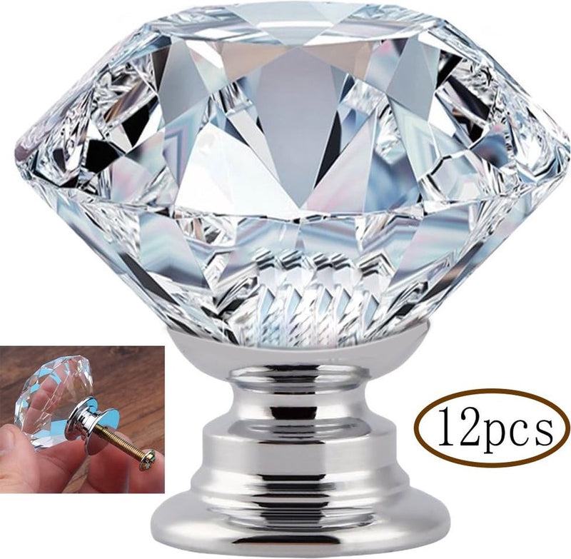 12 stuks 30 mm kristallen deurgrepen, kastknoppen ladenknoppen meubelknoppen kastgrepen, ladekast diamant glazen handgrepen voor thuis kantoor DIY (transparant 30 mm | 12 stuks)