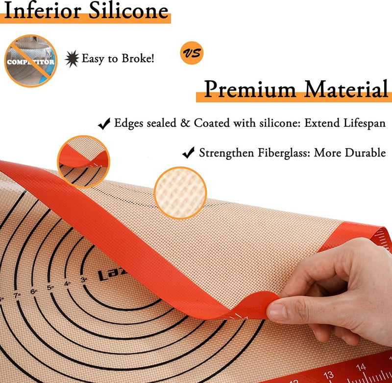 Bakmat siliconen met meting, 3-delige set, anti-aanbaklaag, siliconenmat bakken voor macaron, cake, brood, pizzamat, deegmat, uitrolmat (rood)