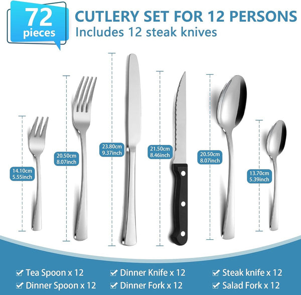 Bestekset, 72-delige bestekset voor 12 personen met steakmes, mes vorklepel, roestvrijstalen bestek voor familie/feest/restaurant, spiegelglans gepolijst & vaatwasmachinebestendig