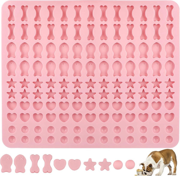 Bakmat, hondenkoekjes, siliconen bakmat, hondenlekkernij, 5 vormen in 1, BPA-vrije bakonderlegger, bakvorm voor doe-het-zelf hondenkoekjes en lekkernijen (130 rasters, halve bol, vissen, botten, ster,