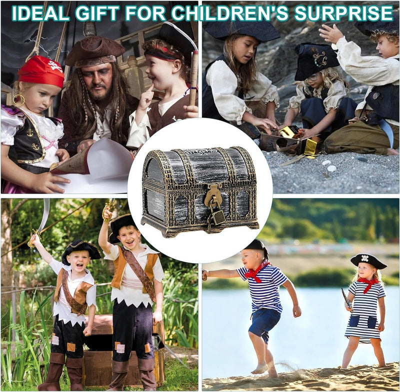 Afsluitbare schatkist voor kinderverjaardag, schatkist bruiloft met slot, kunststof piraten, schatkist, klein, bewaren en decor, schatkist piraat, schatfeest (1)
