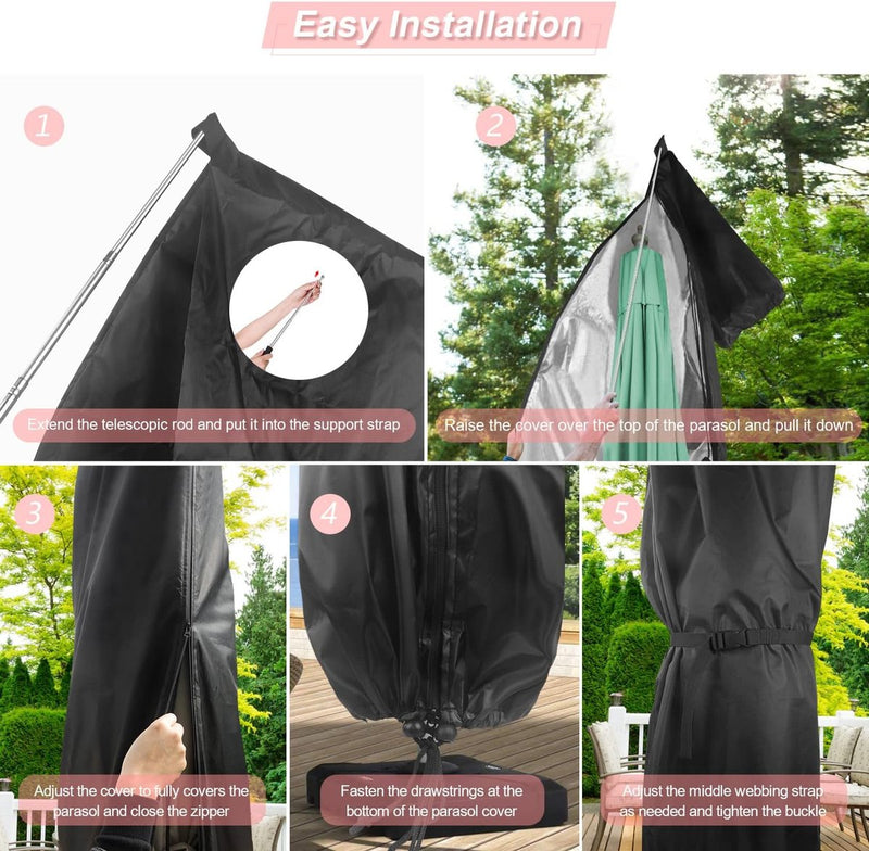 Parasolbeschermhoes, grote vrijdragende parasolhoes met paal, beschermhoes voor parasols, 4-5 m vrijdragende parasolhoes, waterdicht, winddicht, sneeuwbestendig en uv-bestendig, 280 x 40/81/50 cm