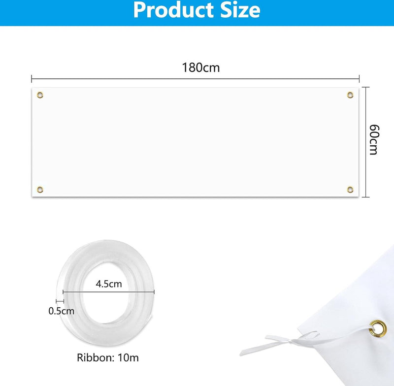 Set van 2 grote blanco banners, witte banners, zelf vormgeven, gepersonaliseerd, blanco lang met oogjes voor verjaardag jeugdwijding, polyester feestbanner met 10 m hangend touw voor feestfeesten, 180