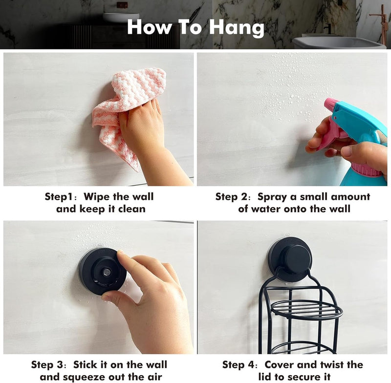 Douchewand 4-laags rond zeeprek Roestvrij stalen staaf Douche Badkamer Zelfafvoerend Roestvrij rek Sterke douchewandstang zonder boren Zeeprek Badkamer Keuken (zwart)