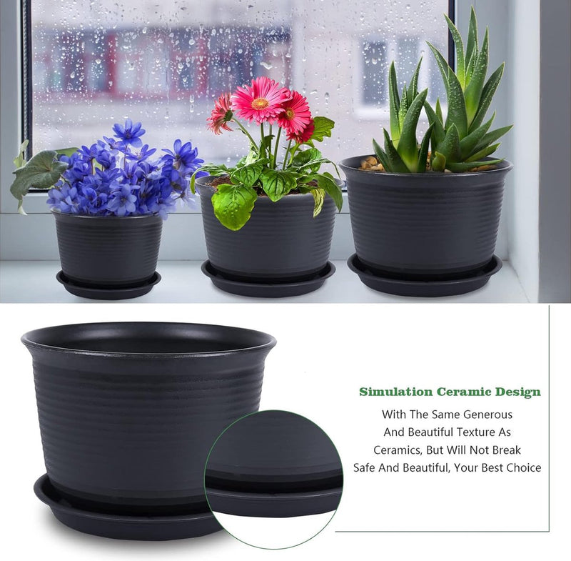3 stuks kunststof bloempotten, plantenbakken met afwateringsgat 3 maten 15 cm, 18 cm, 21 cm, dikke groeiende plantenpotten, bloempotten plantenpot voor bloemen en planten (zwart)
