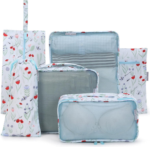Kledingtassenset, 6 stuks kofferorganizer, reiskubussen, pakzakken voor vakantie en reizen - bloemen