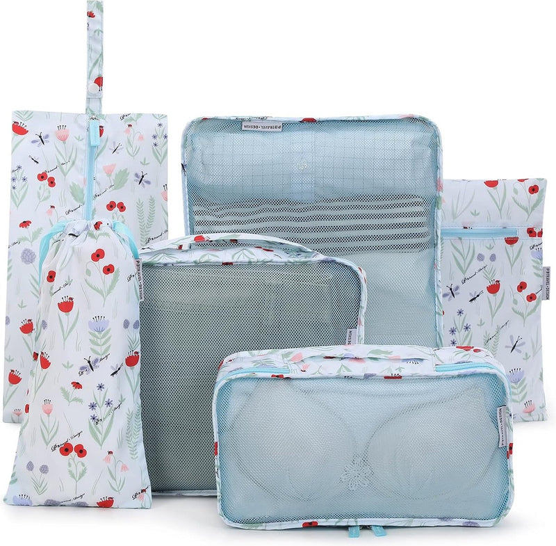 Kledingtassenset, 6 stuks kofferorganizer, reiskubussen, pakzakken voor vakantie en reizen - bloemen