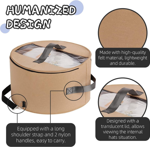 Hoedenorganizer voor dames en heren, ronde opbergdoos, draagbare hoedenhouder van vilt, hoedenhouder met stofdicht deksel, hoedenplank voor kast of reizen (43,5 cm D x 25,5 cm, kaki)